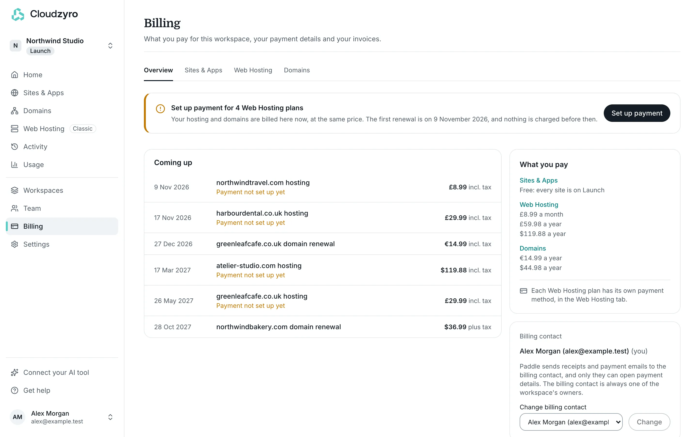 Billing’s Overview: what’s coming up, what you pay and the billing contact