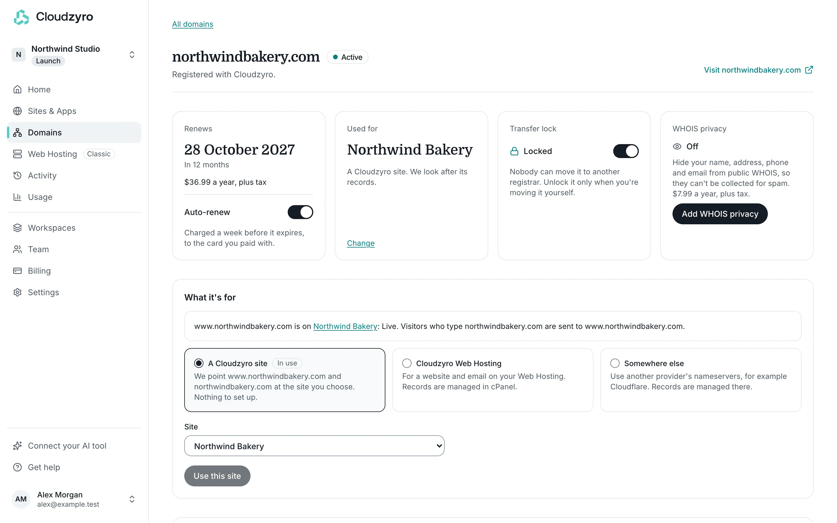 A domain’s page, used for a Cloudzyro site