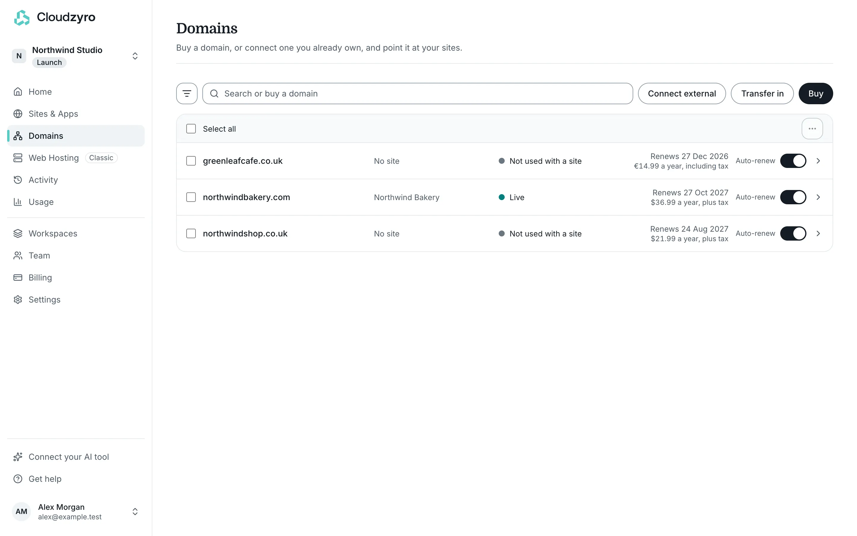 The Domains page, with search, Transfer in and Buy
