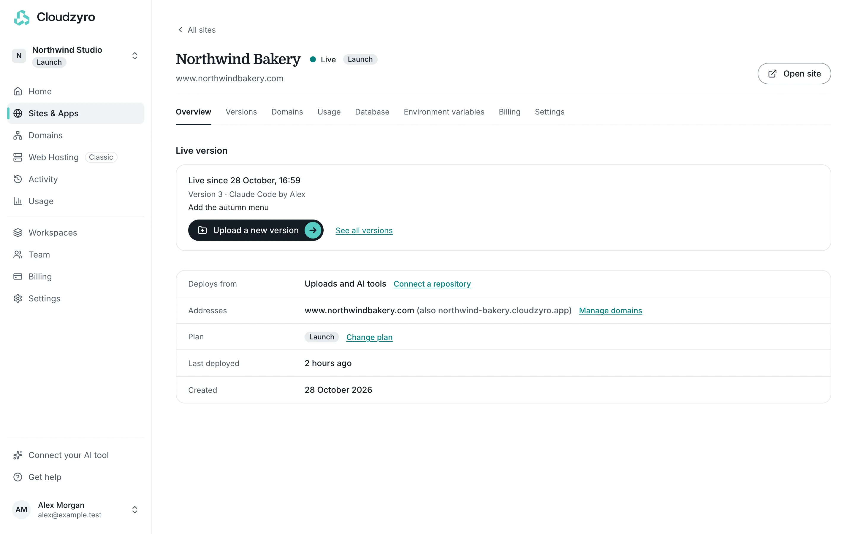 A site’s Overview, showing the live version deployed from Claude Code