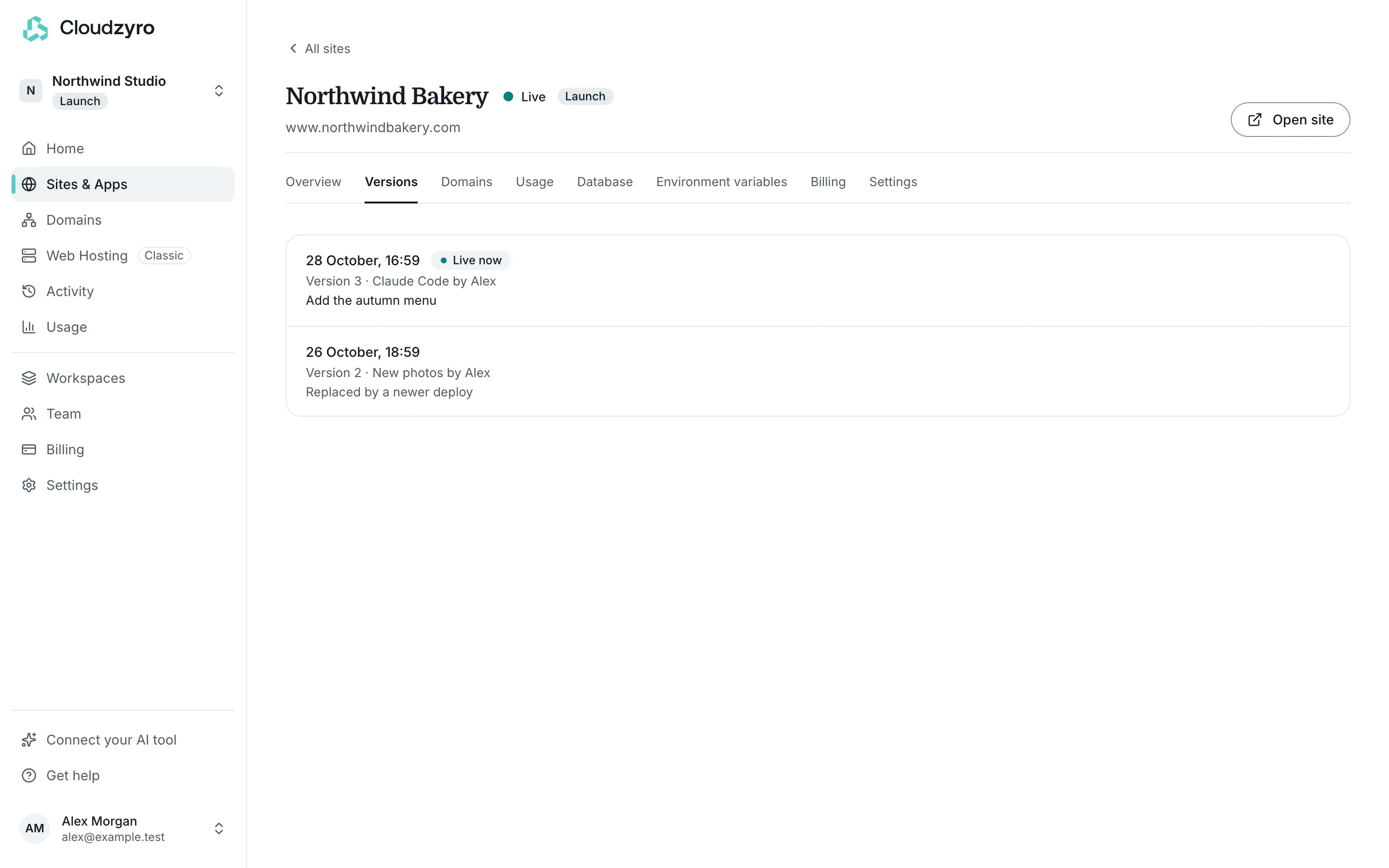 A site’s Versions tab