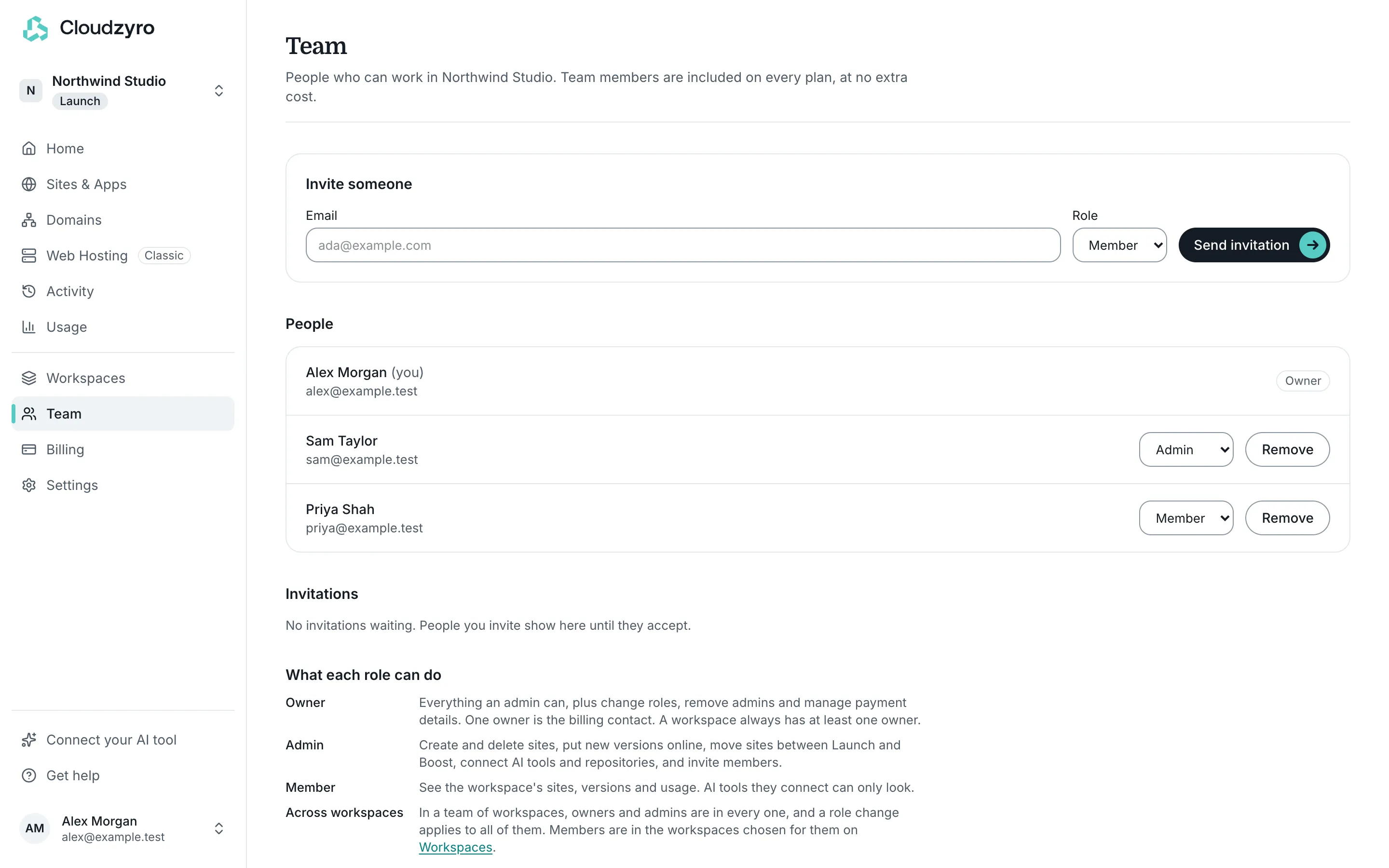 The Team page, with an owner, an admin and a member