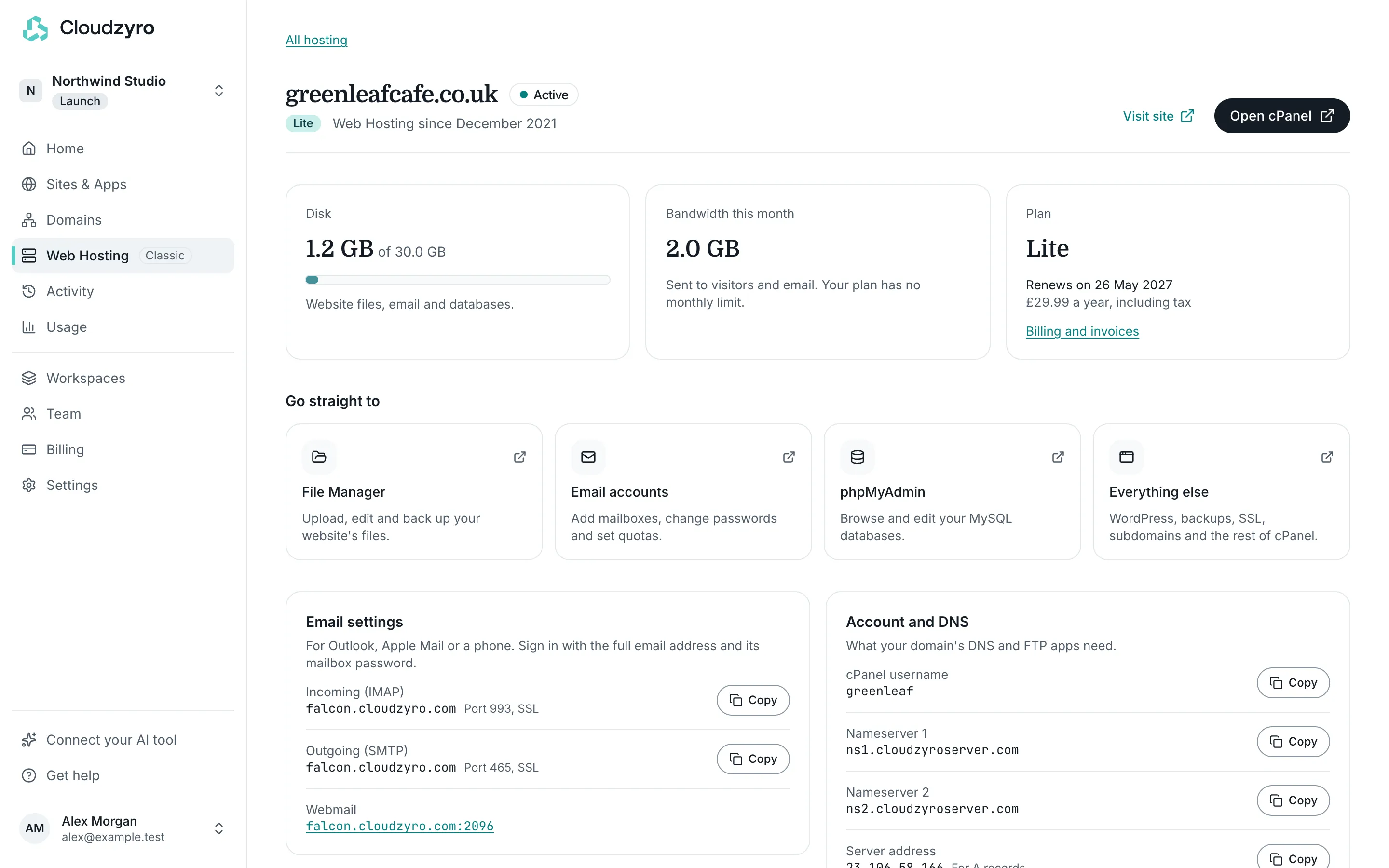 A Web Hosting account’s page, with Open cPanel, shortcuts and email settings