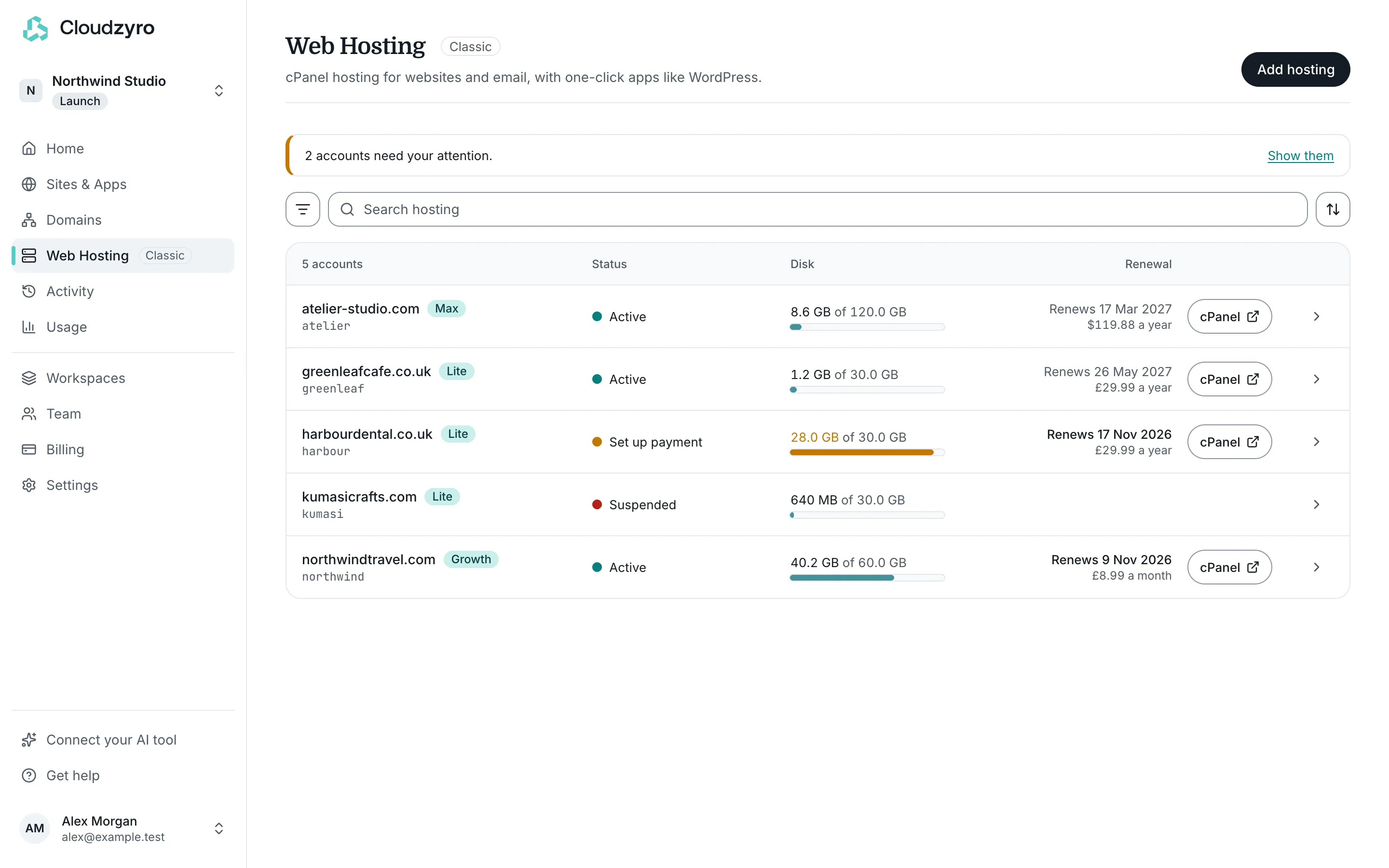 The Web Hosting list, with disk use and renewals for each account